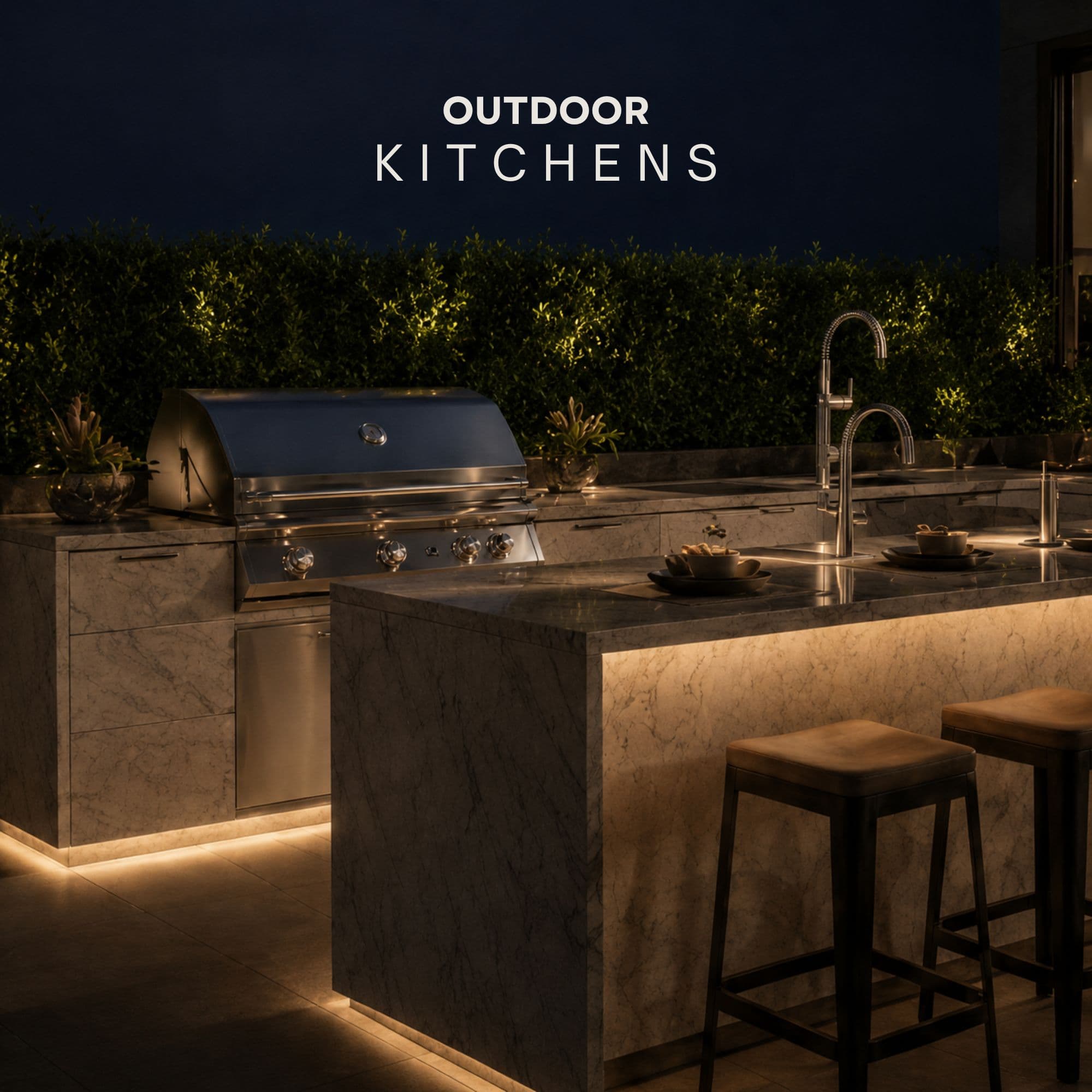 Sky Vera Living outdoor kitchen — bar seating, premium grill, ambient lighting