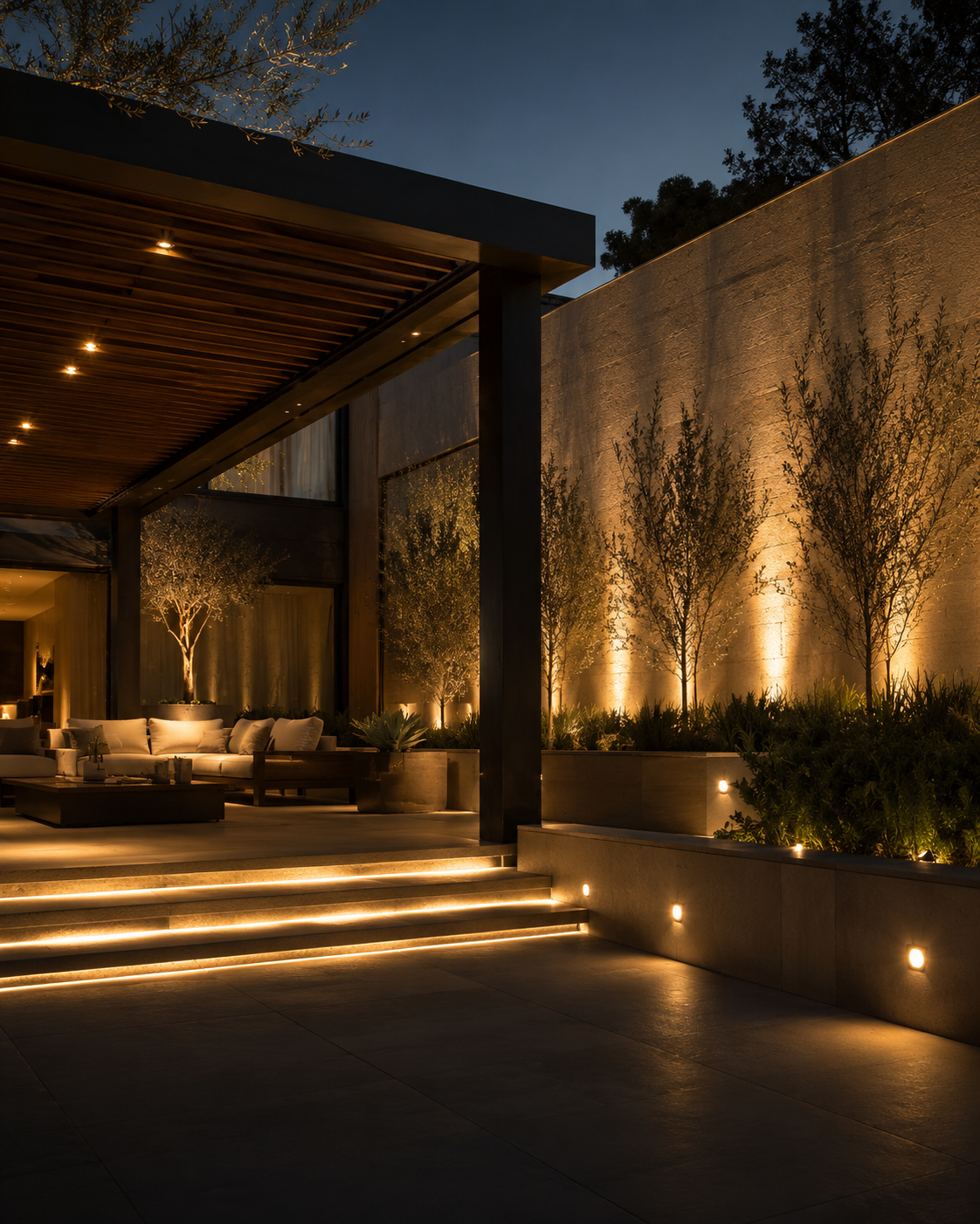 Luxury outdoor patio with warm architectural wall lighting and step lighting