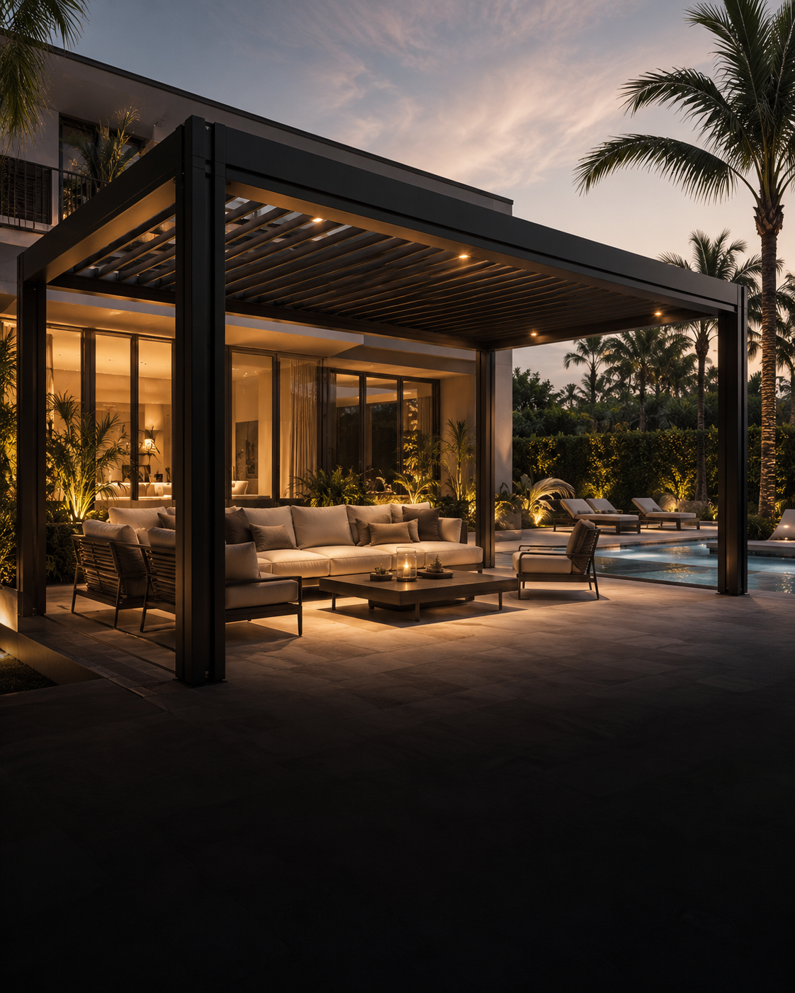 Luxury modern aluminum pergola with outdoor seating and poolside lighting