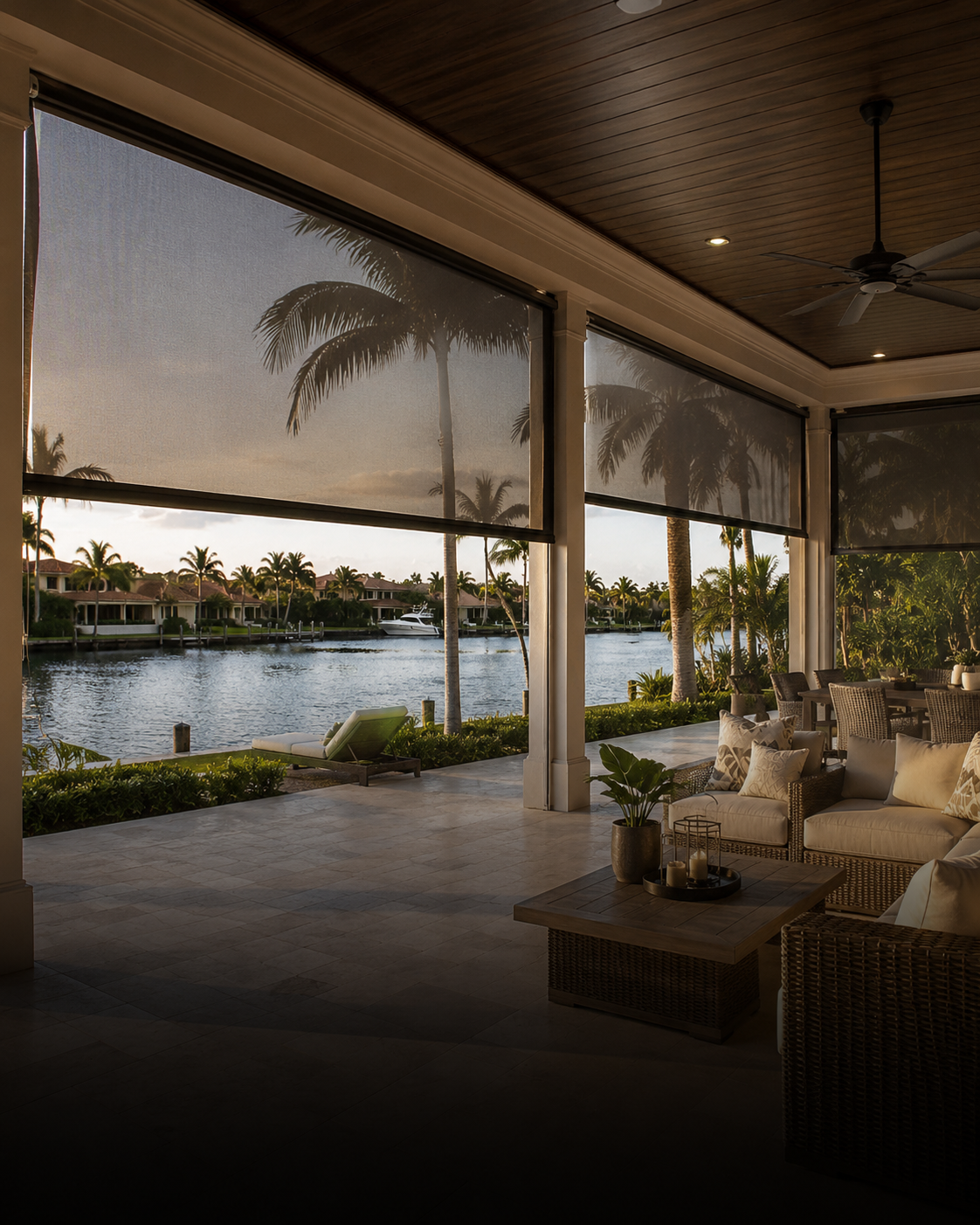 Covered waterfront lanai with motorized retractable screens and outdoor seating